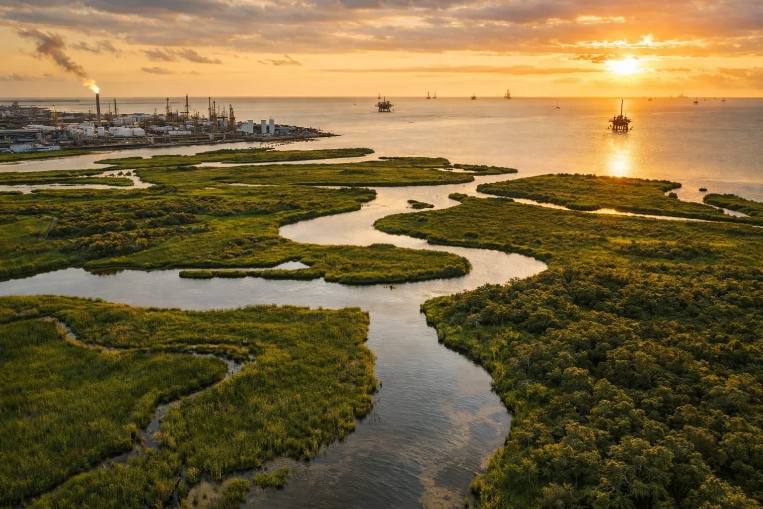 Gulf Coast marshlands and offshore platforms at sunset